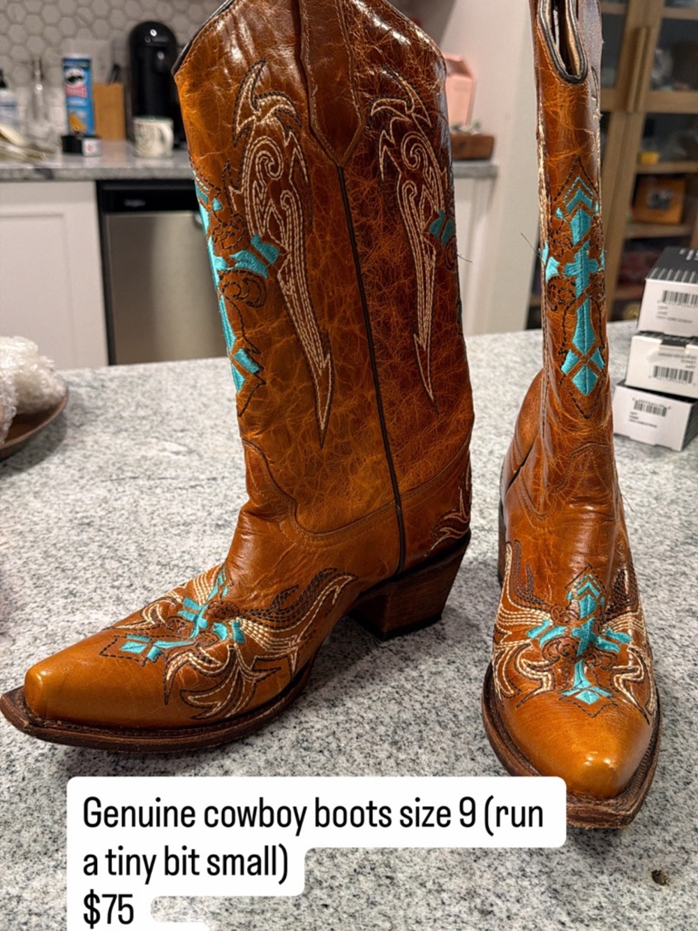 Women’s Brown Leather Cowboy Boots with Turquoise Stitching